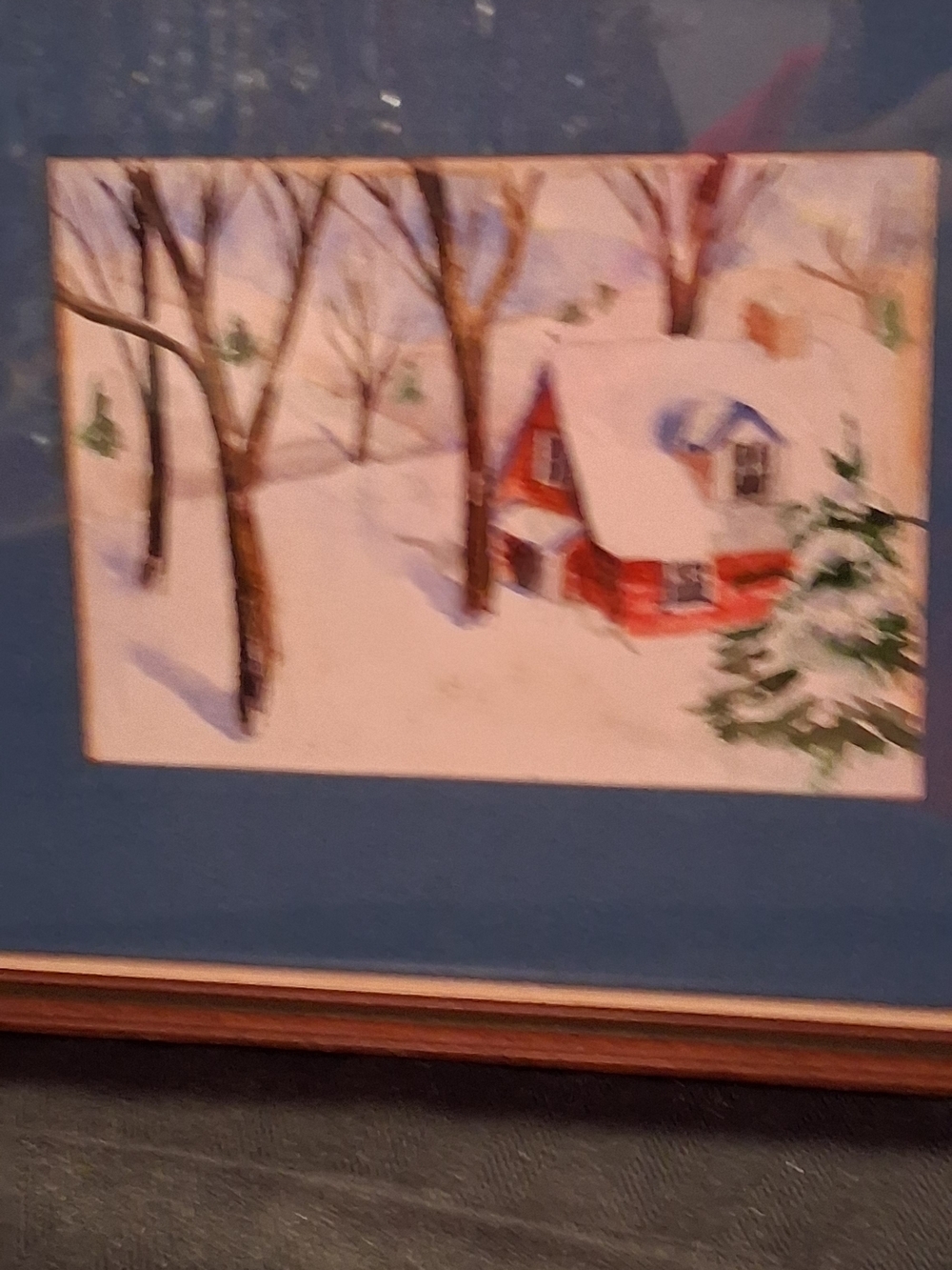 Red Cottage Winter Watercolor with Snowy Evergreen - Picture 4 of 4